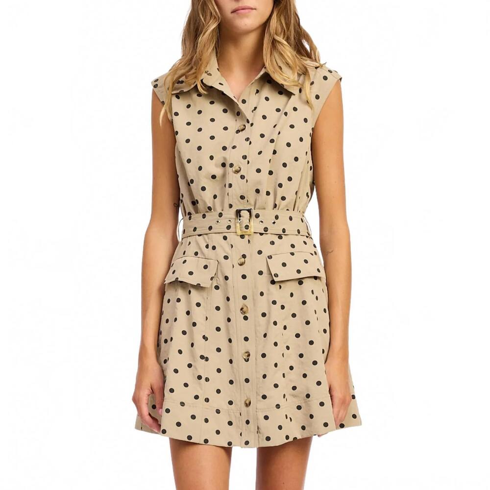 NEW EN SAISON women's collared belted mini trench dress in tan black polka dots